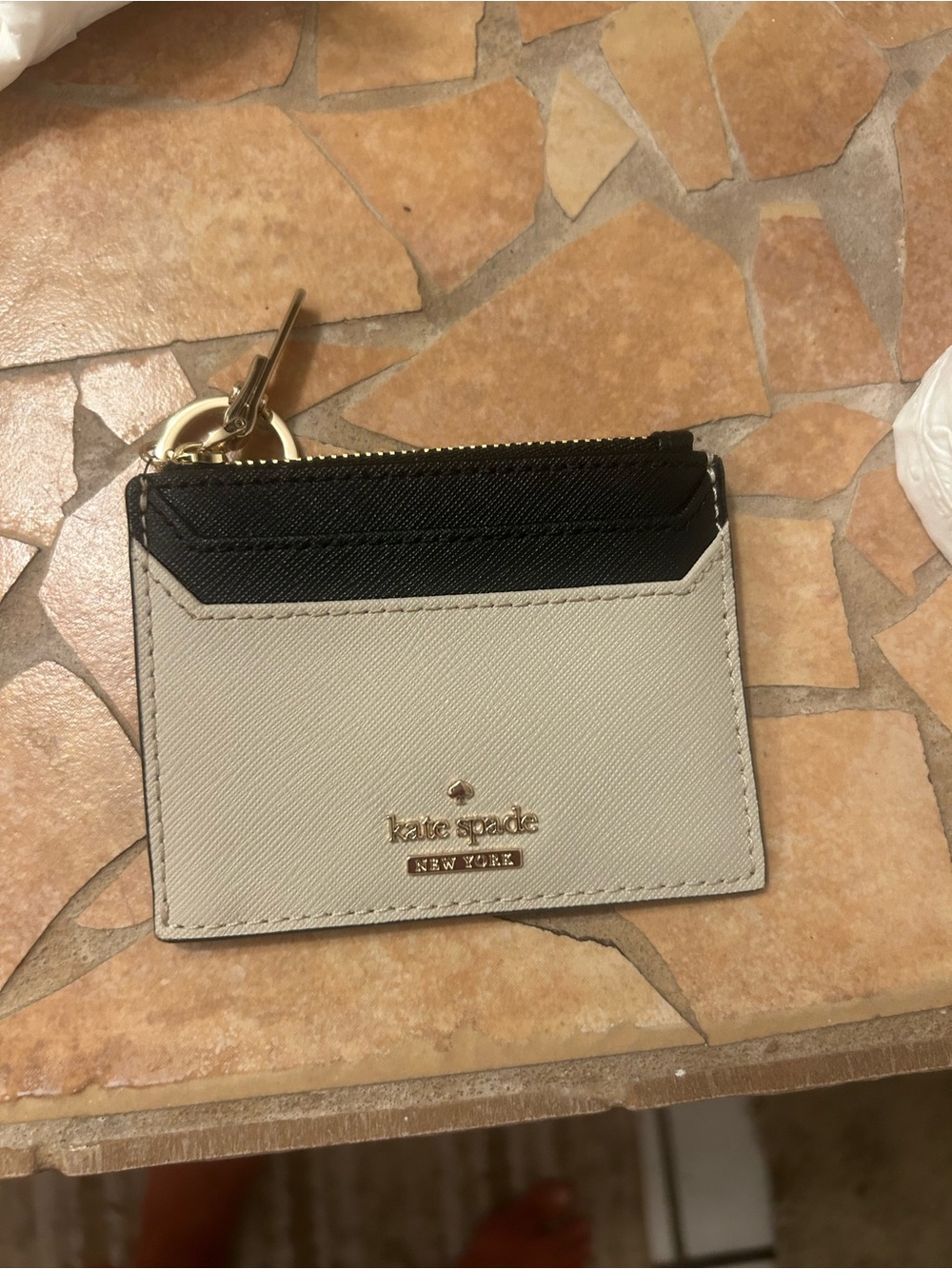 kate spade Two-Tone Black and Cream Cardholder with Gold Key Ring